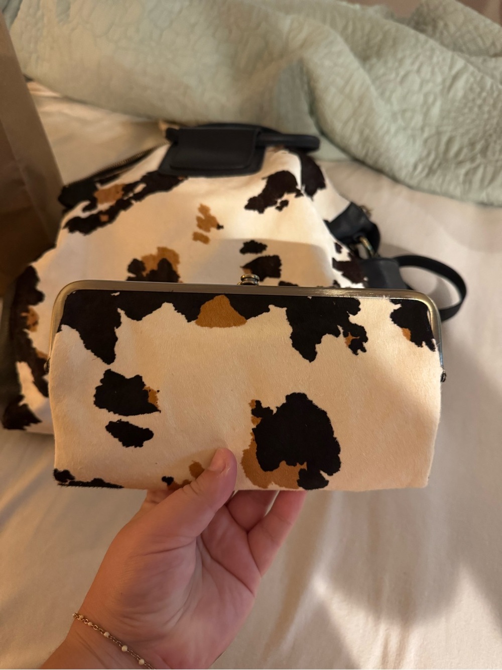 HOBO Cowhide-Pattern Clutch Wallet in Black, Brown & Cream
